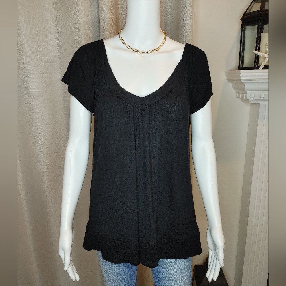 BOZZOLO BLOUSON DOUBLE VNECK TOP, BLACK L